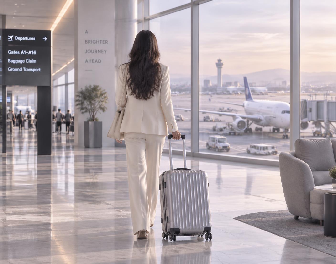 A traveller in a cream suit walking through a bright airport terminal with a silver suitcase